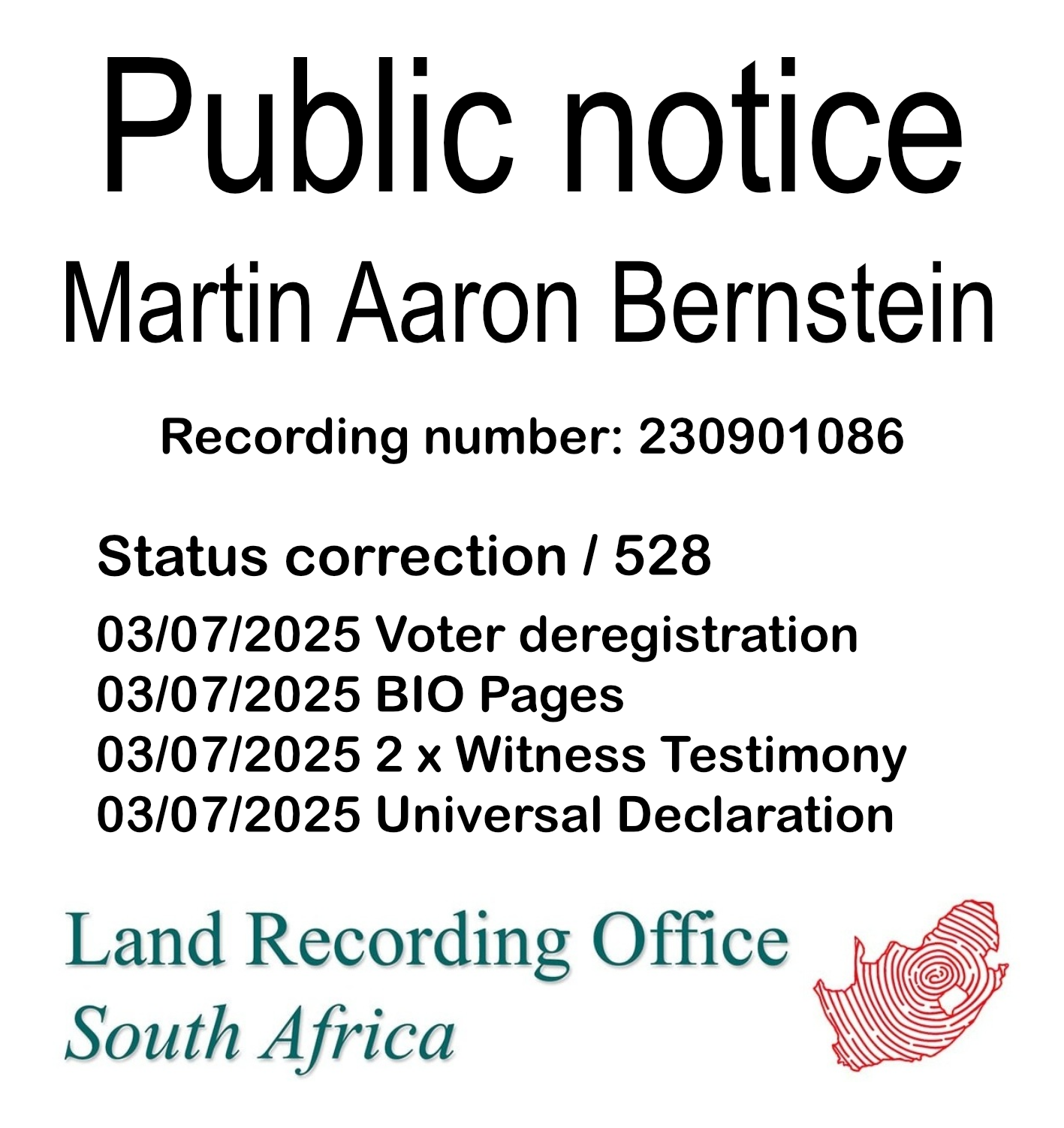 Public Notice Martin Aaron Bernstein (c) Recording number 230901086